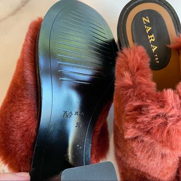 ZARA Faux Fur Block Heel Mule Brick Merlot Berry Maroon - Picture 6 of 9
